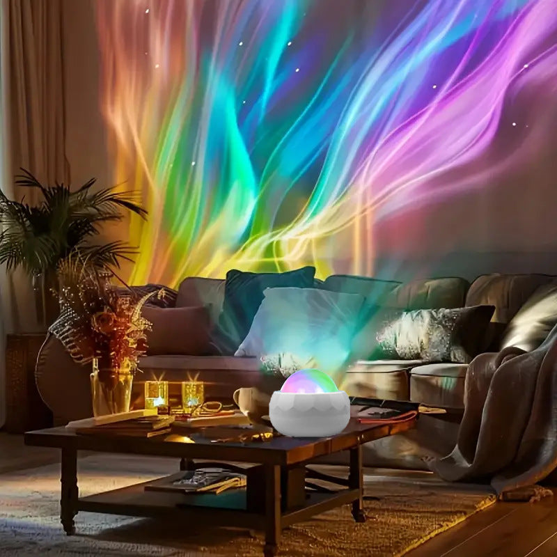 AuroraGlow Mini Night Light projecting aurora borealis colours across a dark bedroom