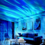 AuroraGlow Mini Night Light creating blue and green aurora ambience in a living room